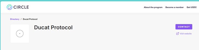 A screenshot of a CIRCLE directory page featuring "Ducat Protocol" with a Contact button and Visit website link, aligning with the post's praise of @Ducatstable's rapid development and mainnet Alpha launch.