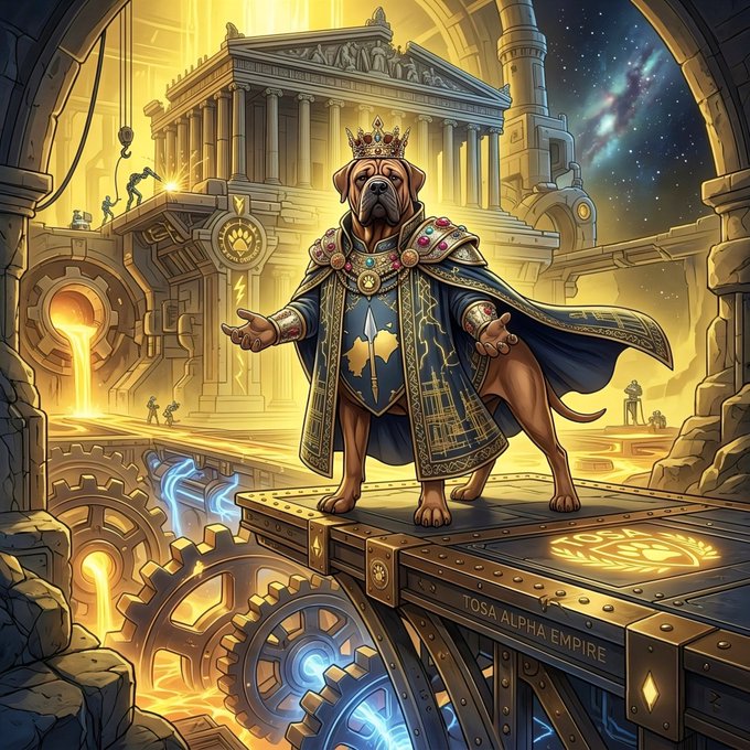 A regal dog wearing a crown and ornate robe stands atop a platform inscribed "TOSA ALPHA EMPIRE," surrounded by golden industrial gears and a Greek temple backdrop, symbolizing the "cooking" and dominance of $TOSA on the BNB chain. The imperial imagery and molten machinery reflect the post's theme of supply melting and $TOSA's impending market takeover.