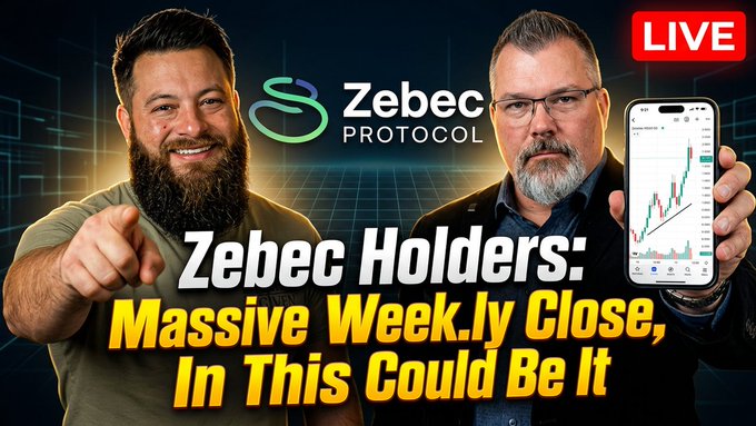 A YouTube thumbnail titled 'Zebec Holders: Massive Week.ly Close, In This Could Be It' featuring two bearded men, the Zebec Protocol logo, and a stock chart on a smartphone, marked LIVE.