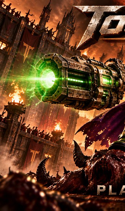 Promotional artwork for a video game featuring a large mechanical cannon firing green energy at a demonic creature, with the "TO" logo partially visible.