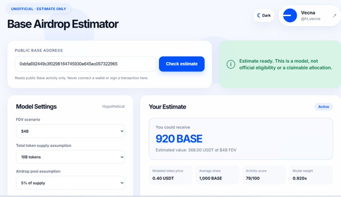 The image features a computer screen displaying an Airdrop Estimator page, which seems to be related to the largest airdrop simulation ever made for Foodies on Base. This page provides information about the process of simulating airdrop transactions, including how to check if you're eligible for an upcoming airdrop and what you can expect in terms of payment and activity rewards. The focus of this image seems to be on the main page and not on any other details or elements within it.