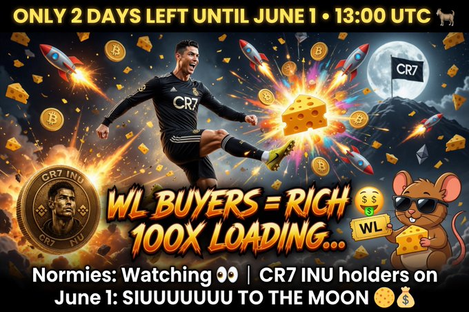 The image features a poster for an event related to cryptocurrency, specifically about a soccer player named Cristiano Ronaldo. The poster includes a cartoon of a soccer player kicking a ball while surrounded by various elements such as coins, rockets, and a mouse holding cheese. The text on the poster reads "WL Buyers = Rich 100x Loading... ĐẾN LƯỢT “SIUUU” BÙNG NỔ - BUỔI RA MẮT CR7 INU xCHEESEPAD CHÍNH THỨC 01/06/2026!". The poster is promoting a cryptocurrency event, and it seems to be targeting soccer fans.