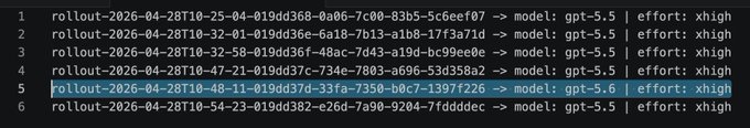 A terminal output displays six rollout entries with timestamps from 2026-04-28, all linked to "gpt-5.5" and "gpt-5.6" models with "xhigh" effort, with the fifth line (showing "gpt-5.6") highlighted in blue. The image appears to show API or model deployment logs, but shows no direct connection to the mentioned Solana contract address ("2MoHq2QFmQh1Pyu5B7Hhhx6DeKhUXTGnaSBi6sDTpump") referenced in the post.
