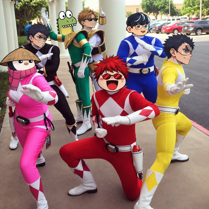 A group of six people dressed in costumes inspired by the Mighty Morphin Power Rangers (red, pink, blue, yellow, black, and green) posing energetically outside a building, with one person wearing a frog-style green costume.