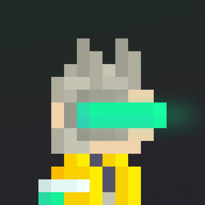 A pixel art character with gray spiky hair wearing a green visor/headband and yellow clothing against a dark background.