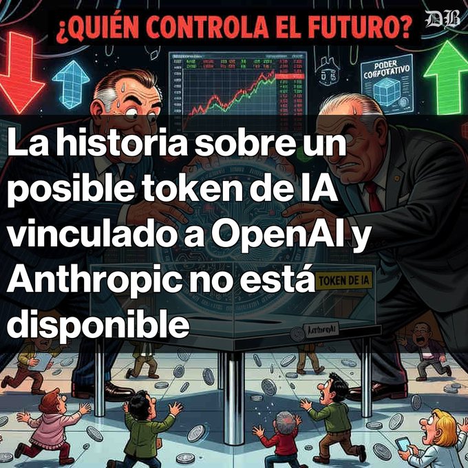 A Spanish-language article illustration titled '¿QUIÉN CONTROLA EL FUTURO?' showing cartoon figures in suits above a crowd, with overlaid text stating 'La historia sobre un posible token de IA vinculado a OpenAI y Anthropic no está disponible'.