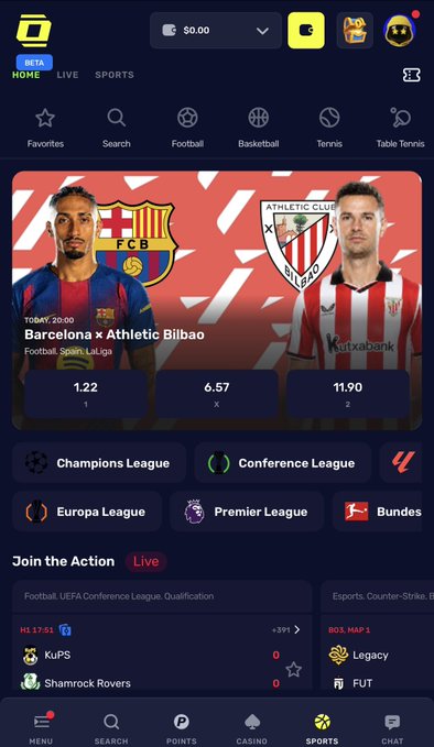 Mobile sports betting app interface showing a featured match between FC Barcelona and Athletic Bilbao in Spain LaLiga, with odds of 1.22, 6.57, and 11.90, plus quick links to Champions League, Conference League, Europa League, and Premier League.