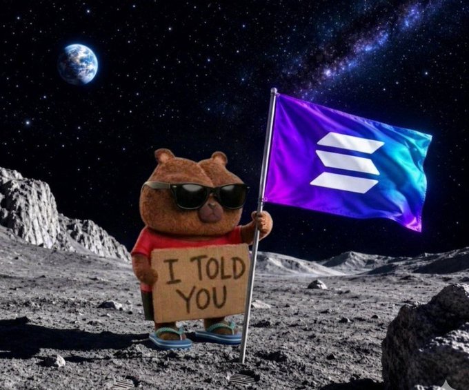 A cartoon bear wearing sunglasses and flip-flops stands on a lunar surface holding a cardboard sign that reads 'I TOLD YOU' next to a purple and teal flag with the Solana logo, with Earth visible in the background.