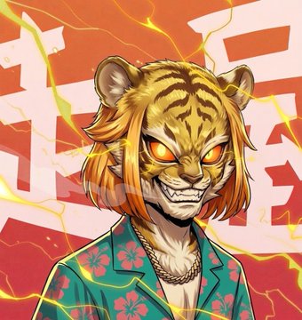 The image shows an anthropomorphic tiger character with glowing orange eyes, wearing a tropical floral shirt and gold chain, set against a vibrant red and yellow background with Japanese-style characters. This fierce, confident tiger embodies the "OG" (Original Gangster) persona referenced in the caption, symbolizing dominance and staying on top.
