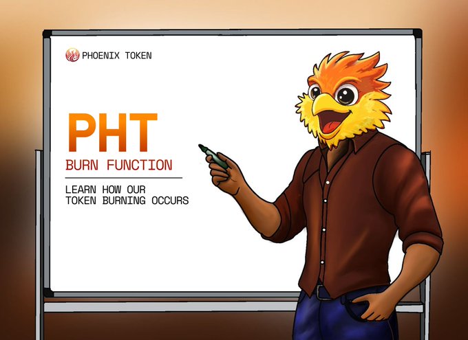 A cartoon phoenix mascot in a brown shirt points to a whiteboard displaying "PHOENIX TOKEN" and "PHT BURN FUNCTION — Learn how our token burning occurs," visually introducing the tokenomics breakdown where 1% of every transaction's 5% tax is permanently burned to a dead address.