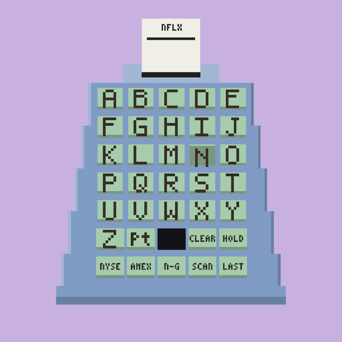 A pixel art illustration of a stock ticker machine displaying "NFLX" (Netflix) on its screen, featuring an alphabet keyboard with buttons labeled NYSE, AMEX, N-G, SCAN, and LAST on a purple background.
