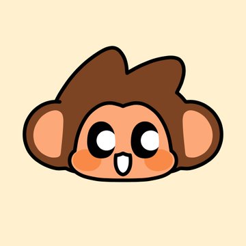 A simple cartoon illustration of a brown monkey's face with large white eyes, pink inner ears, and an open smiling mouth against a beige background.