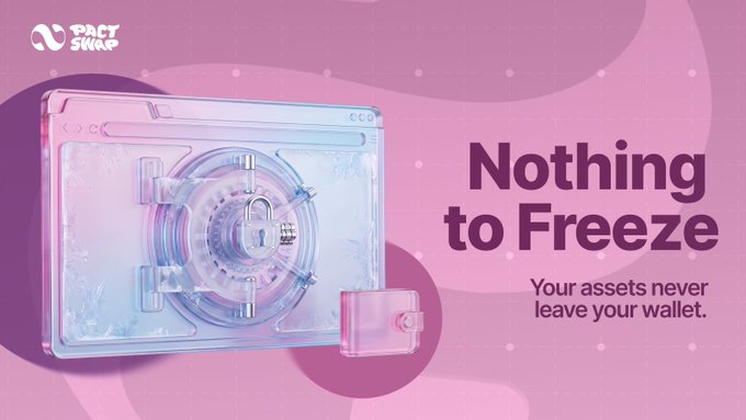 PactSwap promotional graphic featuring a transparent safe with the text 'Nothing to Freeze - Your assets never leave your wallet.'
