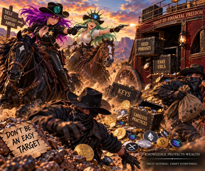 An anime-style illustration of two women on horseback holding guns, surrounded by masked bandits and treasure chests labeled 'SEED PHRASES,' 'FAKE URLS,' 'KEYS,' and 'CARELESS PRACTICES,' with text reading 'KNOWLEDGE PROTECTS WEALTH. TRUST NOTHING. VERIFY EVERYTHING.'