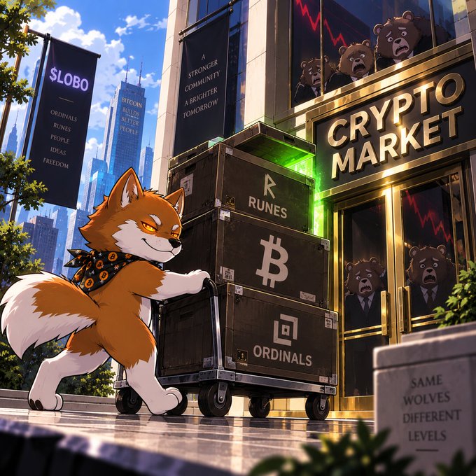 An anime-style illustration of a fox character pushing a cart loaded with Bitcoin, Runes, and Ordinals boxes toward a 'Crypto Market' building, with bearish bears visible in the windows.