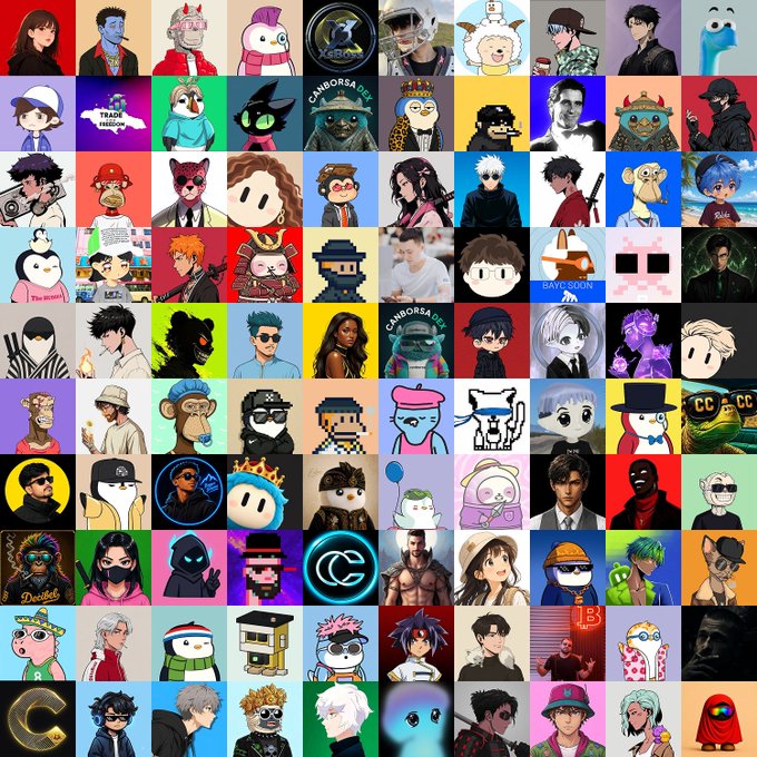 A dense collage grid featuring dozens of various NFT-style cartoon avatars and character profiles.