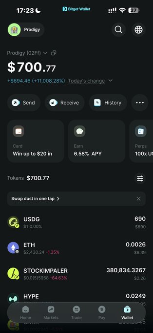 A screenshot from Bitget Wallet showing a portfolio called "Prodigy" with a total value of $700.77 (up +11,008.28%), featuring tokens including USDG, ETH, STOMPIMPALER, and HYPE, alongside a caption celebrating 2nd place in the $Cashcat Meme Contest by cashcat_token, illustrating the crypto contest rewards context.