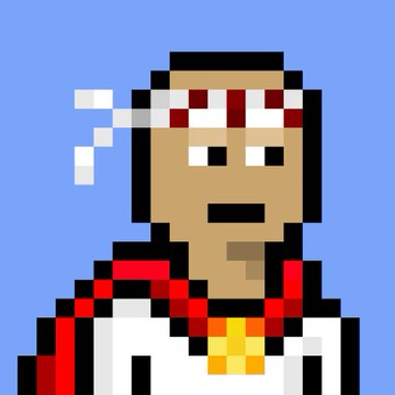 Pixel art portrait of a character wearing a red and white patterned headband, with pixelated sunglasses reflecting red squares.