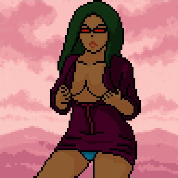 Pixel art illustration of a dark-skinned woman with green hair, red sunglasses, and a purple outfit, standing against a pink cloudy background.