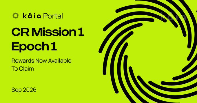 A bright green promotional graphic for 'k6ia Portal' announces 'CR Mission 1 Epoch 1 - Rewards Now Available To Claim' dated 'Sep 2026'.