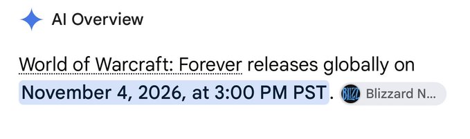 An AI Overview snippet announces that "World of Warcraft: Forever releases globally on November 4, 2026, at 3:00 PM PST," corroborating the poster's bullish sentiment on $WOW by confirming an official launch date for the highly anticipated nostalgic release.