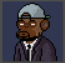 A pixel art illustration of a dark-skinned man wearing a backwards white cap and dark suit with a tie.