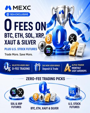 MEXC exchange promotional banner advertising '0 FEES ON BTC, ETH, SOL, XRP, XAUT & SILVER PLUS U.S. STOCK FUTURES' with text 'Trade More. Save More.'