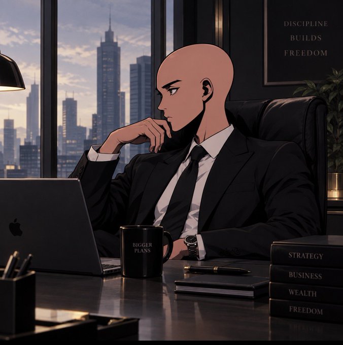 An anime-style illustration shows a bald man in a black suit sitting at a desk with a MacBook, a 'BIGGER PLANS' mug, and books labeled 'STRATEGY', 'BUSINESS', 'WEALTH', and 'FREEDOM', with a framed poster reading 'DISCIPLINE BUILDS FREEDOM'.