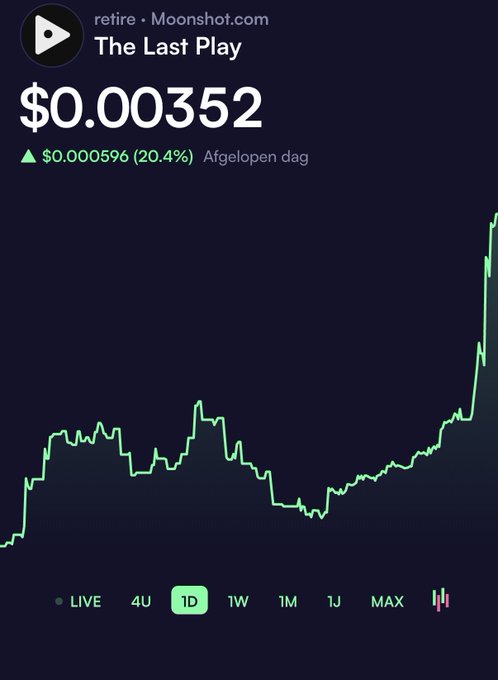 A cryptocurrency chart shows a token called "The Last Play" on Moonshot.com trading at $0.00352, up 20.4% ($0.000596) over the past day.