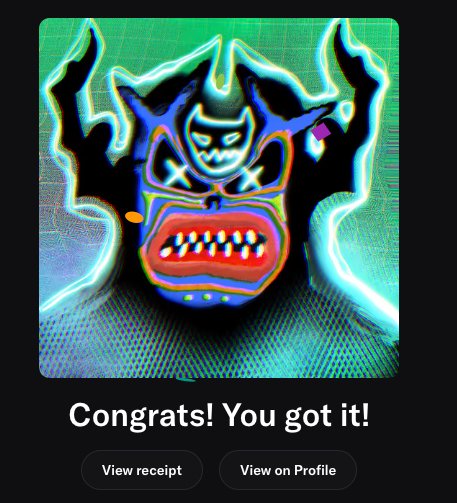 A digital artwork of a colorful mask or face design in neon blue, green, and red tones with text 'Congrats! You got it!' and buttons for 'View receipt' and 'View on Profile'.