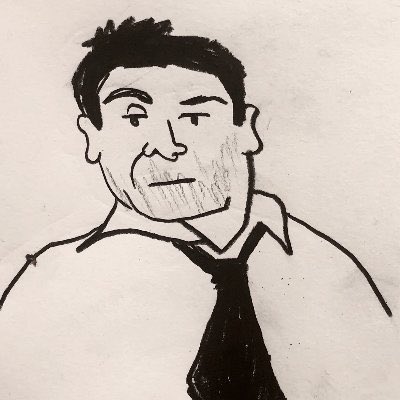 A simple black ink drawing of a man in a white collared shirt and black tie with a neutral expression, sketched on white paper. The hand-drawn portrait appears to represent a person (possibly a financial figure or commentator) being humorously associated with the "strc chart" mentioned in the post.