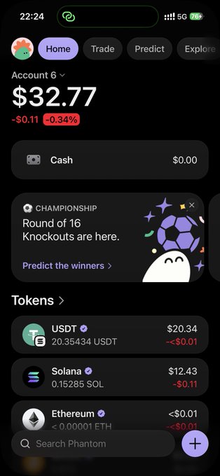 A Phantom wallet screenshot showing an account balance of $32.77 (down 0.34%) holding 20.35 USDT, 0.15 SOL, and a tiny amount of ETH, which the poster is sharing as an old, barely-used crypto wallet up for grabs.