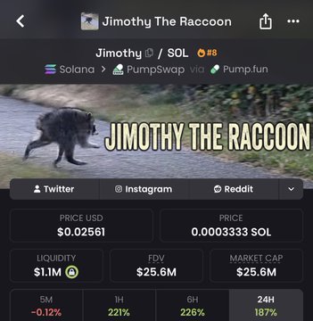 Cryptocurrency listing for 'Jimothy The Raccoon' (Jimothy) token on Solana via PumpSwap, showing price $0.02561, 0.0003333 SOL, $1.1M liquidity, $25.6M FDV and market cap.