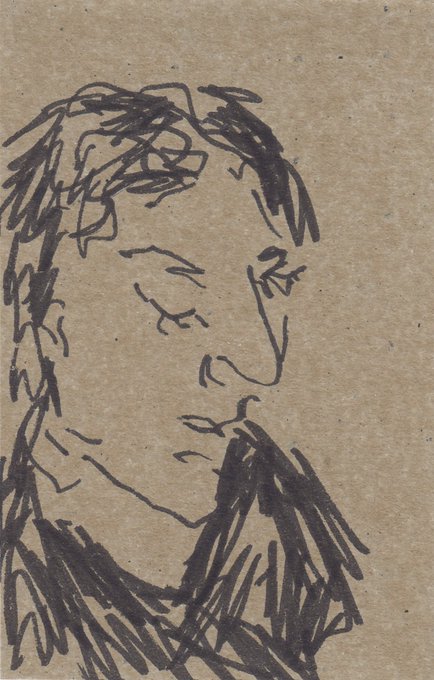A loose black ink sketch on tan paper depicts a stylized portrait of a figure with tousled hair, rendered in expressive, scribbled lines. The drawing's intimate, gestural quality and absence of any visible text or titles contrasts with the social media post celebrating the acquisition of the work "MADRE" on the objkt.com platform, leaving the visual subject open to interpretation as the collector's newly acquired piece.