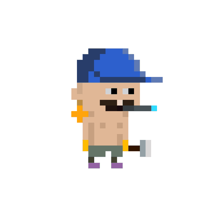 A pixel-art illustration of a shirtless man with a mustache, wearing a blue baseball cap, green shorts, and purple shoes, holding a pipe and a hammer with a yellow plus symbol on his back.
