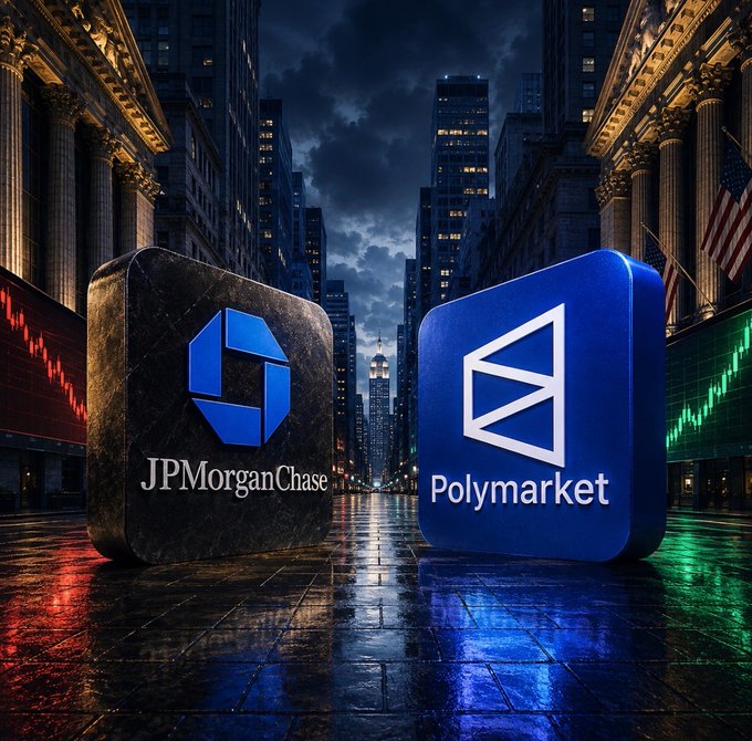 Two large cube icons displaying the JPMorgan Chase and Polymarket logos face off on a rainy Wall Street at night, with stock tickers glowing red and green in the background. The image visually echoes the post's irony about JPMorgan's reversal from dropping Polymarket over regulatory concerns to now seeking to underwrite its IPO—symbolizing Wall Street's willingness to chase profits despite earlier objections.
