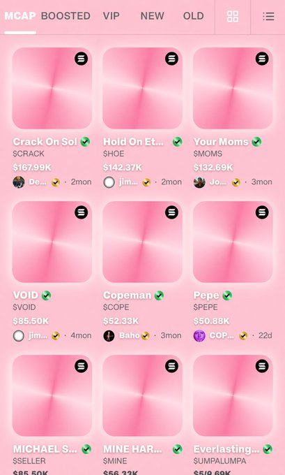 A mobile app interface displays a grid of cryptocurrency tokens (including 'CRACK', 'SHOE', '$MOMS', '$VOID', '$COPE', '$PEPE') on a pink background, with categories like 'MCAP', 'BOOSTED', 'VIP', and 'NEW' at the top.