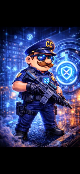 A stylized digital illustration of a cartoon police officer with a mustache, sunglasses, and a 'CC' hat, holding a futuristic rifle against a glowing blue cyberpunk city backdrop.
