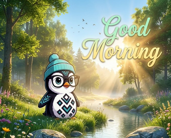 The image features a cartoon penguin sitting in a grassy field with trees around it. The text "Good morning my bros Bros" is written above the penguin, and the phrase "What if tomorrow quantum computers start cracking BTC, ETH or SOL? Quip is building a decentralized quantum network for post-quantum security → No migration headache → Just".