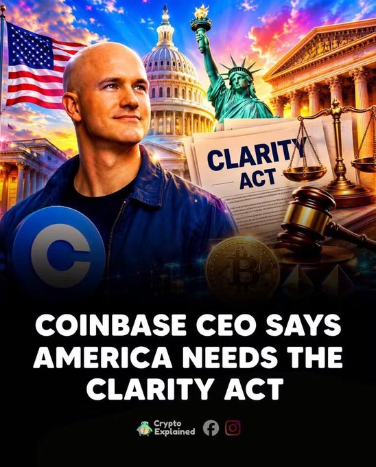 A 'Crypto Explained' social media graphic featuring Coinbase CEO Brian Armstrong with American landmarks (Capitol, Statue of Liberty, Supreme Court) and the headline 'COINBASE CEO SAYS AMERICA NEEDS THE CLARITY ACT', alongside a document labeled 'CLARITY ACT', a gavel, scales of justice, and a Bitcoin coin.