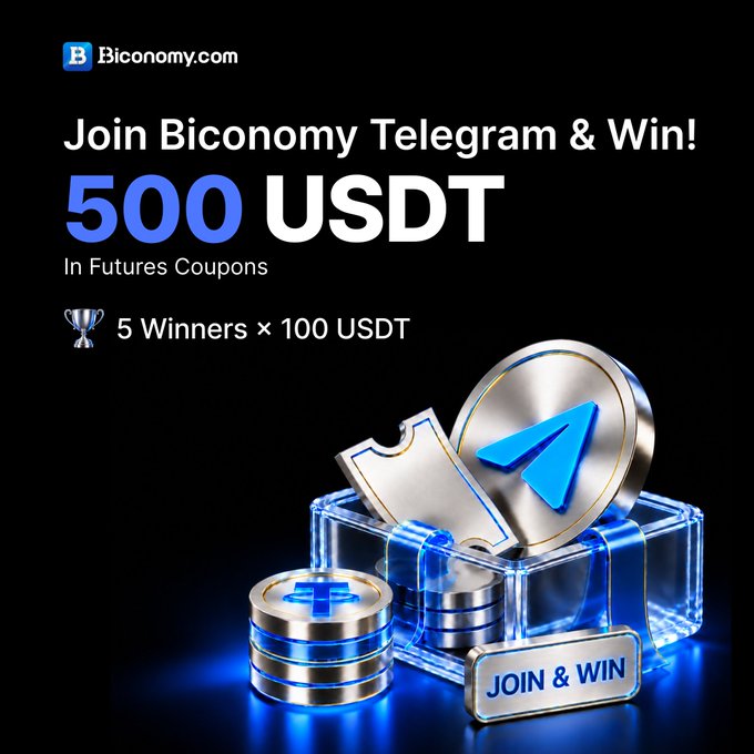 A promotional advertisement for Biconomy.com invites users to join their Telegram and win 500 USDT in futures coupons, with 5 winners receiving 100 USDT each.