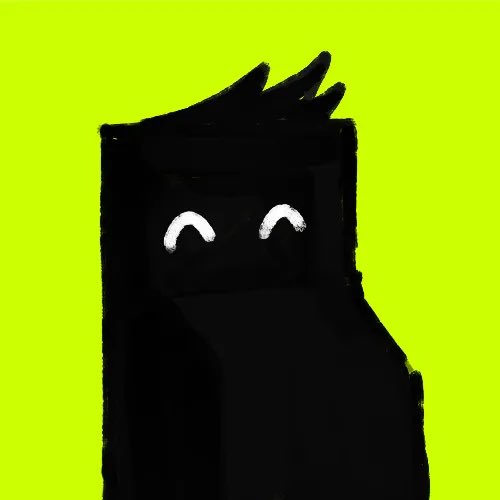 A minimalist digital illustration of a dark shadowy figure with glowing white eyes and small horns on a bright yellow-green background.