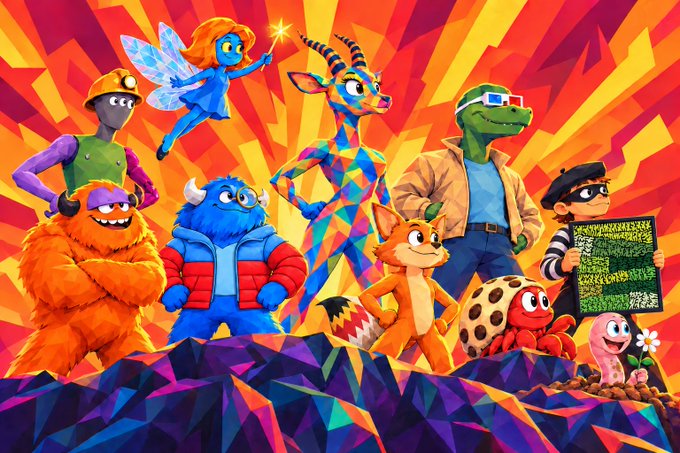 A vibrant, colorful illustration featuring a group of diverse cartoon characters including a fairy, giraffe, dinosaurs, fox, turtle, and worm against a dynamic orange and yellow starburst pattern.