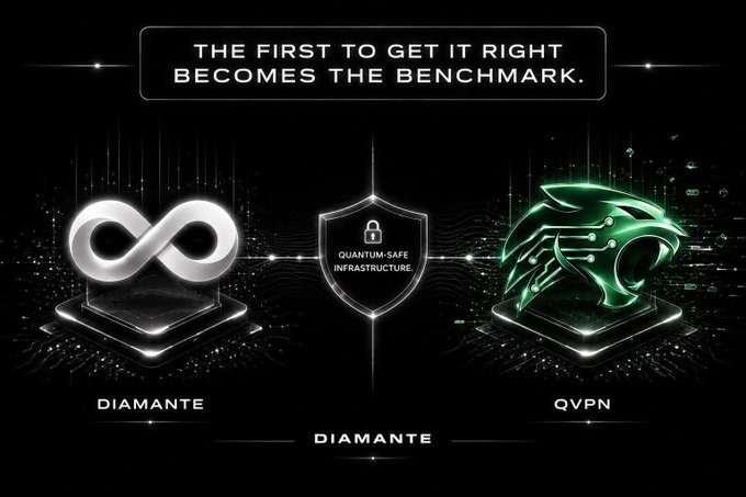 The image showcases a futuristic promotional graphic for "Diamante" and "QVPN," featuring a silver infinity symbol and a glowing green cyber-helmet logo flanking a "Quantum-Safe Infrastructure" shield, with the tagline "The first to get it right becomes the benchmark." It visually reinforces the post's theme by highlighting Diamante's forward-looking positioning as a project building quantum-secure infrastructure ahead of the looming quantum computing era.
