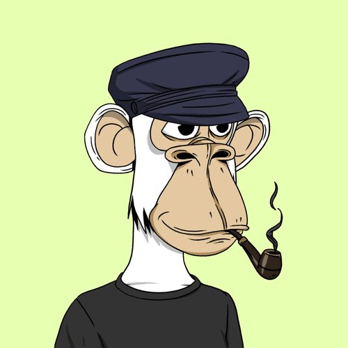 Cartoon illustration of a Bored Ape-style monkey wearing a black cap and t-shirt, smoking a pipe against a light green background.