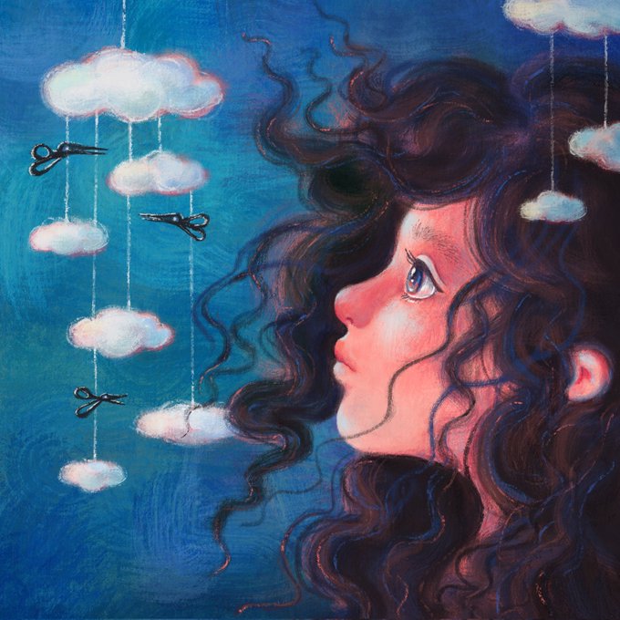 A stylized illustration of a young woman with flowing curly dark hair gazing upward at small clouds with scissors hanging from strings, set against a blue background.