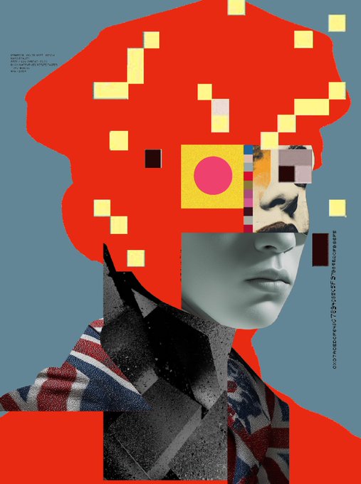 The image features a collage of various images, including a close-up of a person's face with a red hat and a British flag patterned shirt. The background of the image is blue, which contrasts with the red elements on the poster. The caption reads "THERE ARE ONLY 69 R3ORDR RUNES. HERE'S MINE R3". This suggests that the collage may be related to an advertisement or promotional material for a product or service.