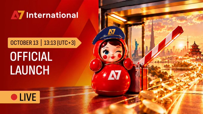Promotional image for 'A7 International' with text 'OCTOBER 13 | 13:13 (UTC+3) OFFICIAL LAUNCH LIVE', featuring a red mascot figure with 'A7' logo at a barrier gate with gold coins.