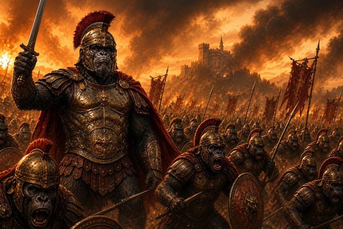 An armored warrior and fierce army march toward a distant fortress under a fiery orange sky, with the troop leader wielding a sword in a commanding stance. The image evokes a sense of gathering momentum and an impending battle, paralleling the post's suggestion that $APEUS is mobilizing an army of early supporters before the broader crowd catches on.