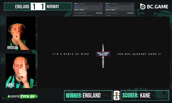 A sports betting stream showing a game between England and Norway with a 1-1 score, featuring 'WINNER: ENGLAND' and 'SCORER: KANE' text.